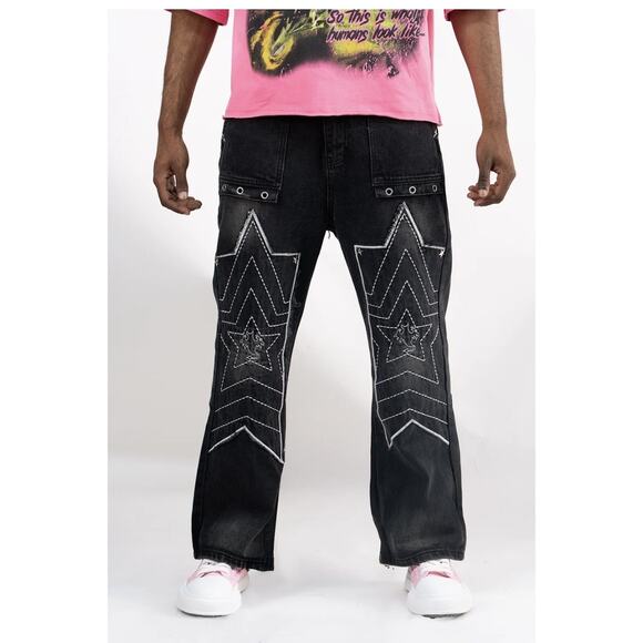 Watson Denim Jeans Mens 28 Black Star Stitch Straight Leg Studded Grommet